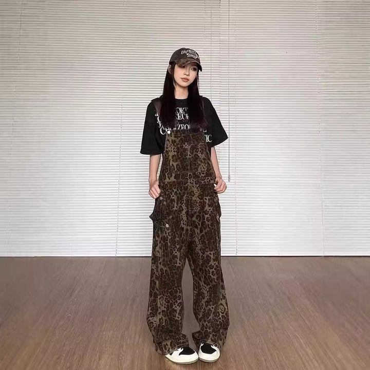 LUNTIAN™ – Vintage Leopard Wide-Leg Overall Jumpsuit