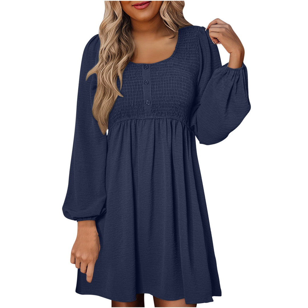 HARPER™ - Casual Smocked Empire Waist A-Line Dress with Button-Up Detail