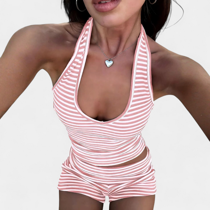 Women's Striped Halter Neck Crop Top and Shorts Set