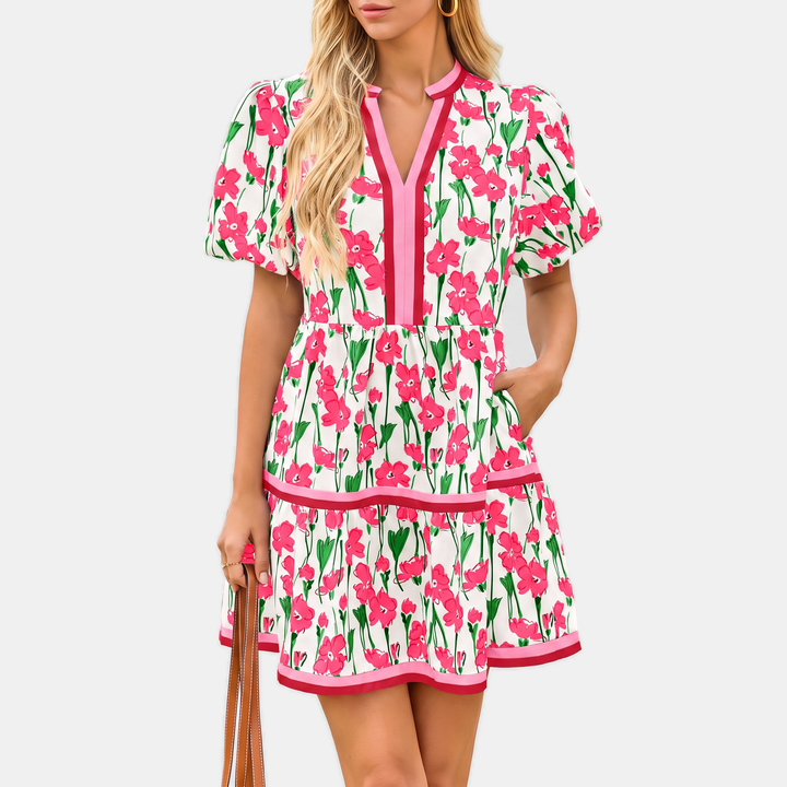Women's Patchwork Puff Sleeve V-Neck A Line Mini Sundress
