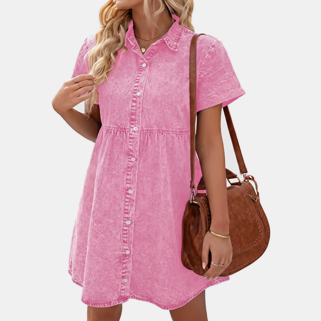 Women's Washed Denim Button Down Ruffle Tiered Mini Dress