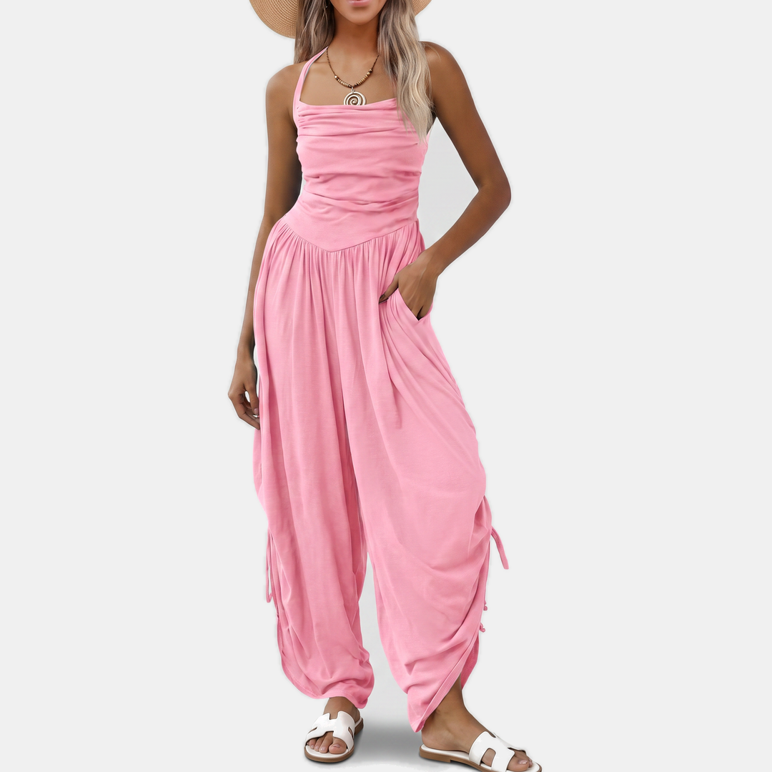 Women's Halter Neck Ruched Bodice Wide Leg Jumpsuit