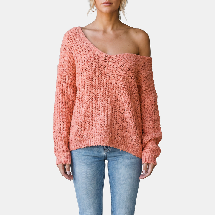 Women's Drop Shoulder Hollow Knit Pullover V-Neck Sweater