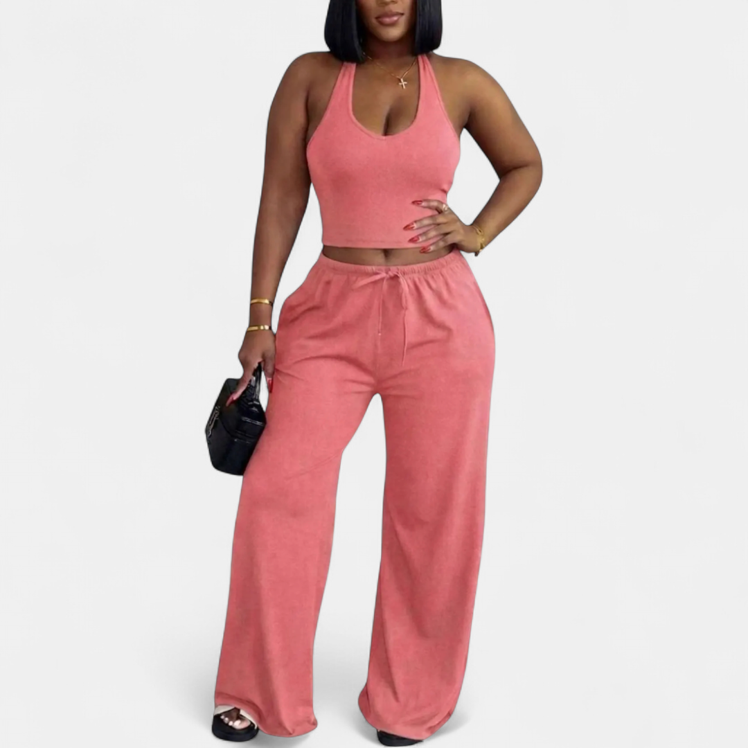 SOLÈNE™ – Halter Neck Cinch Crop & Wide-Leg Pants Set