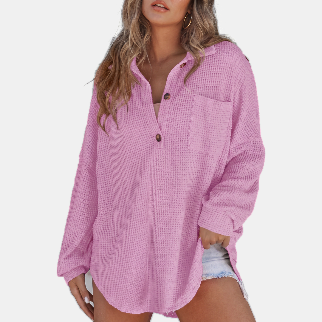 Women's Button V Neck Long Sleeve Waffle Knit Tunic Top