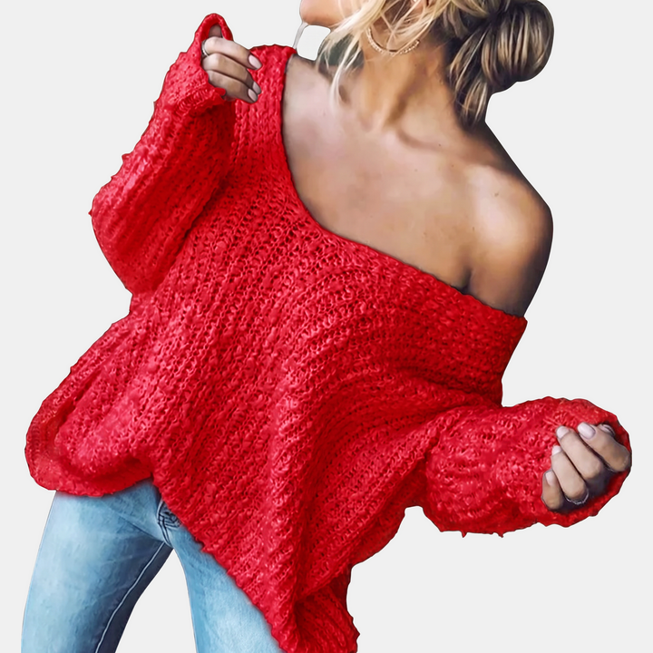 Women's Drop Shoulder Hollow Knit Pullover V-Neck Sweater