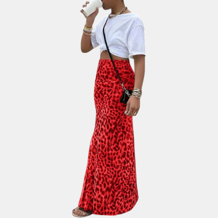Women's High Waist Mesh Overlay Slim Fit Maxi Skirt with Split
