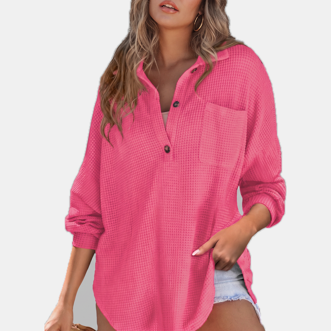 Women's Button V Neck Long Sleeve Waffle Knit Tunic Top