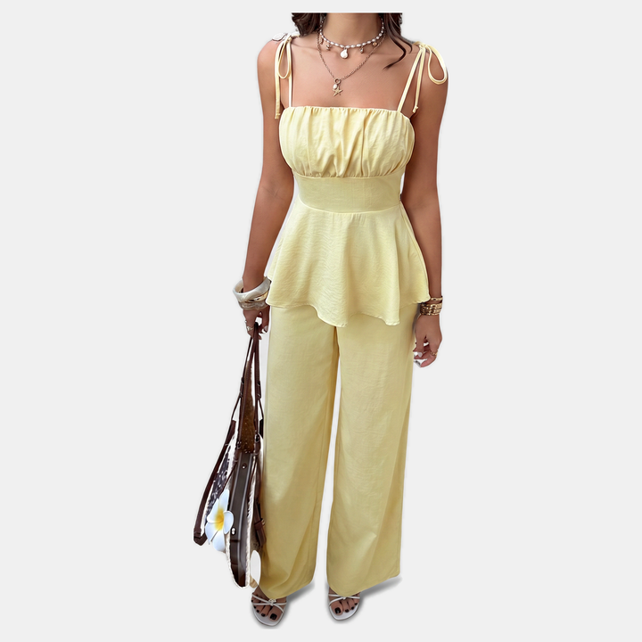 Women's Tie Waist Wide Leg Pants and Ruffled Cami Top Two Piece Set