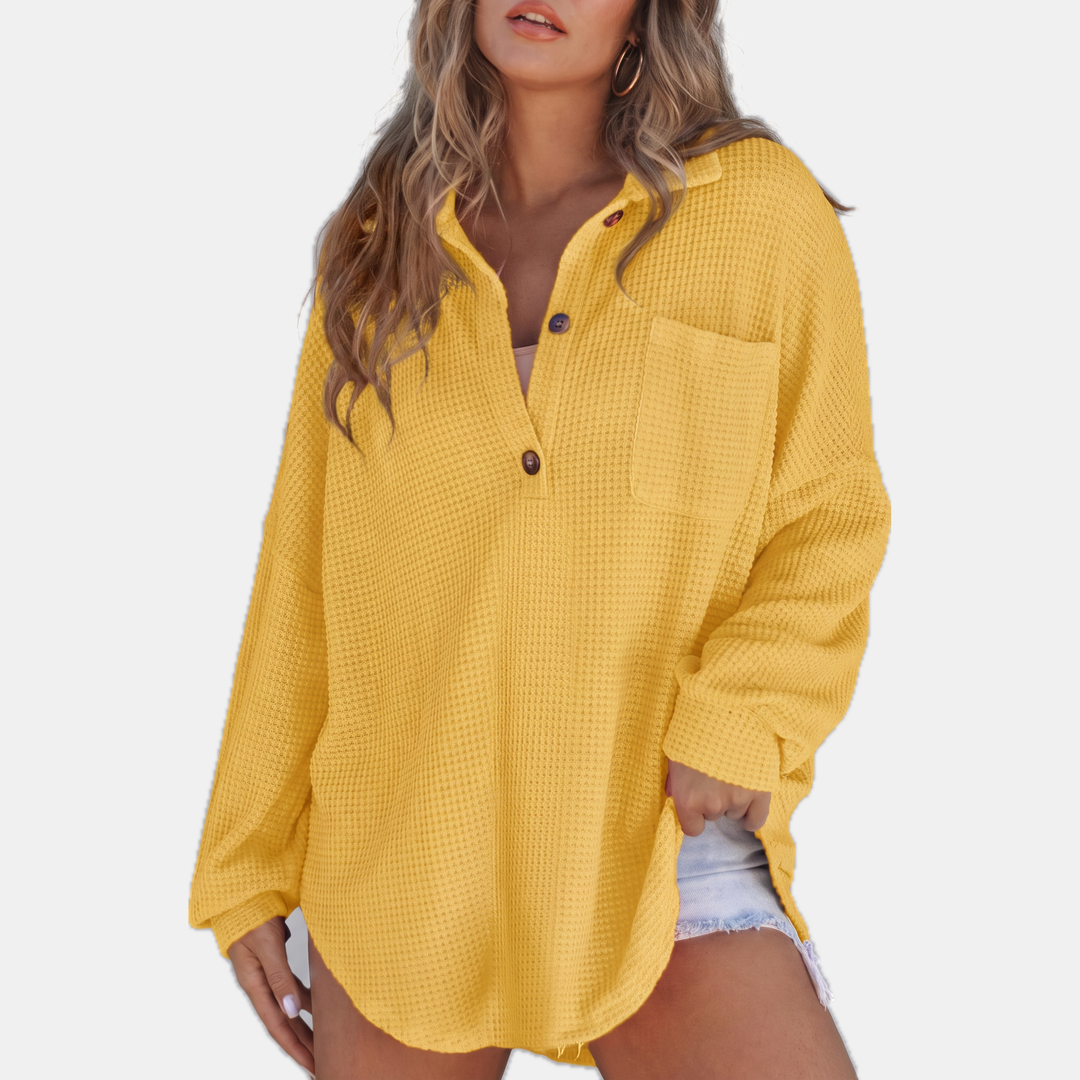 Women's Button V Neck Long Sleeve Waffle Knit Tunic Top