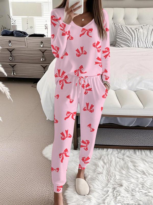 HALLIE™ - Bow Print V-Neck Long Sleeve Top & Tie Waist Pants Set