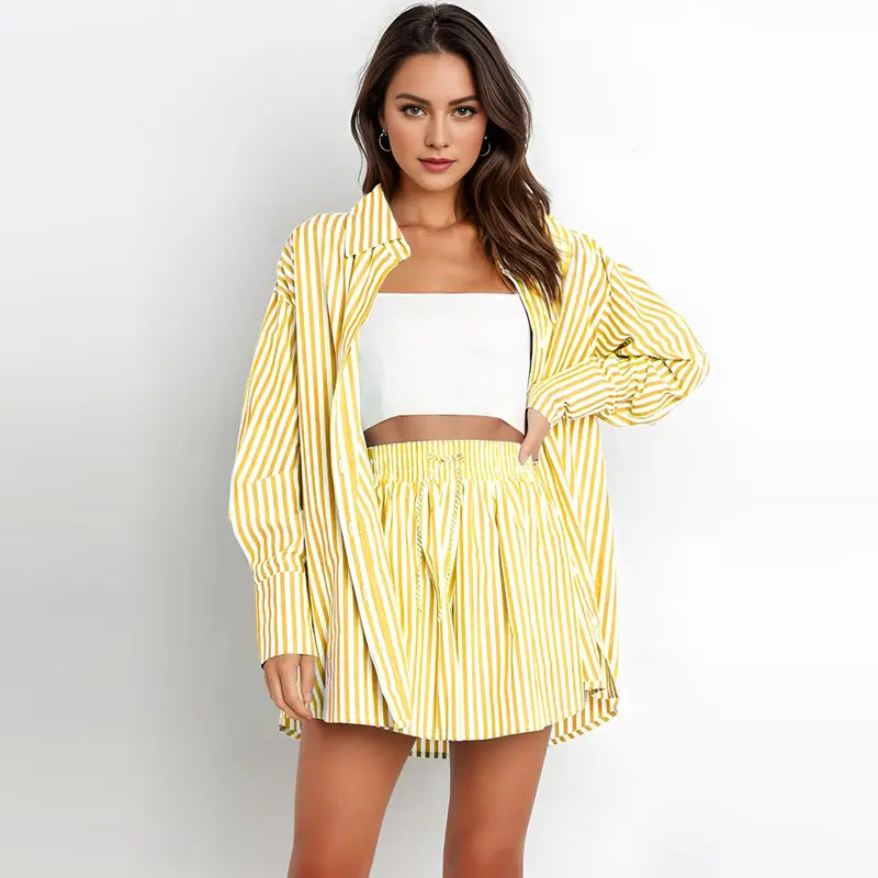TIFY™ –  Chic Striped Collared Shirt and Wide-Leg Shorts Set
