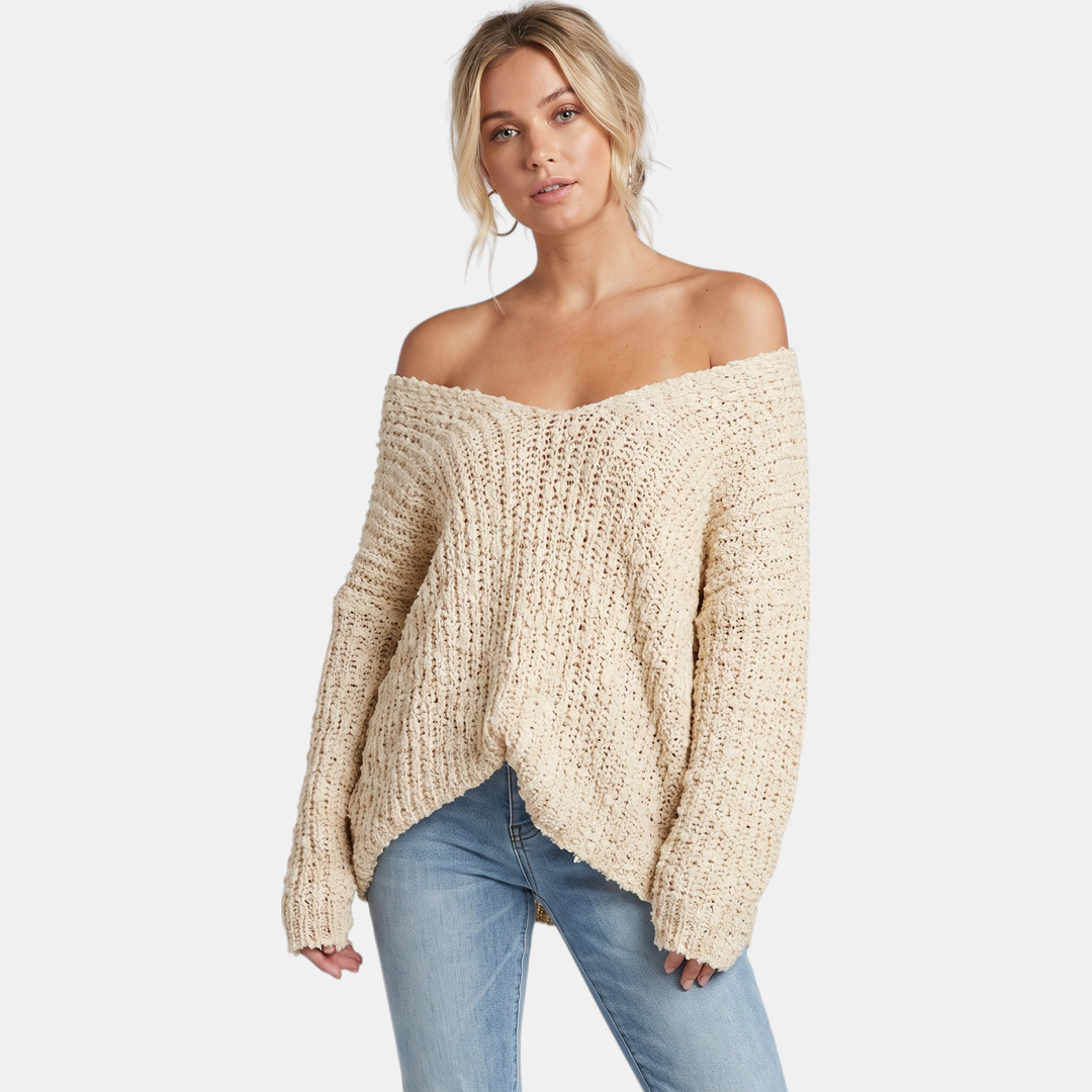 Women's Drop Shoulder Hollow Knit Pullover V-Neck Sweater