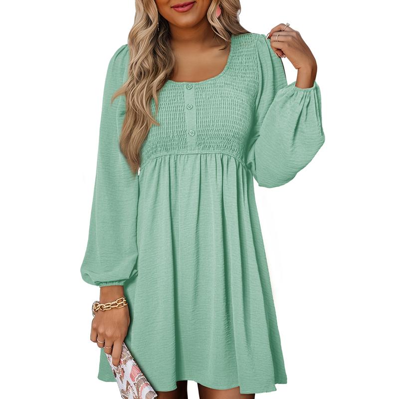 HARPER™ - Casual Smocked Empire Waist A-Line Dress with Button-Up Detail