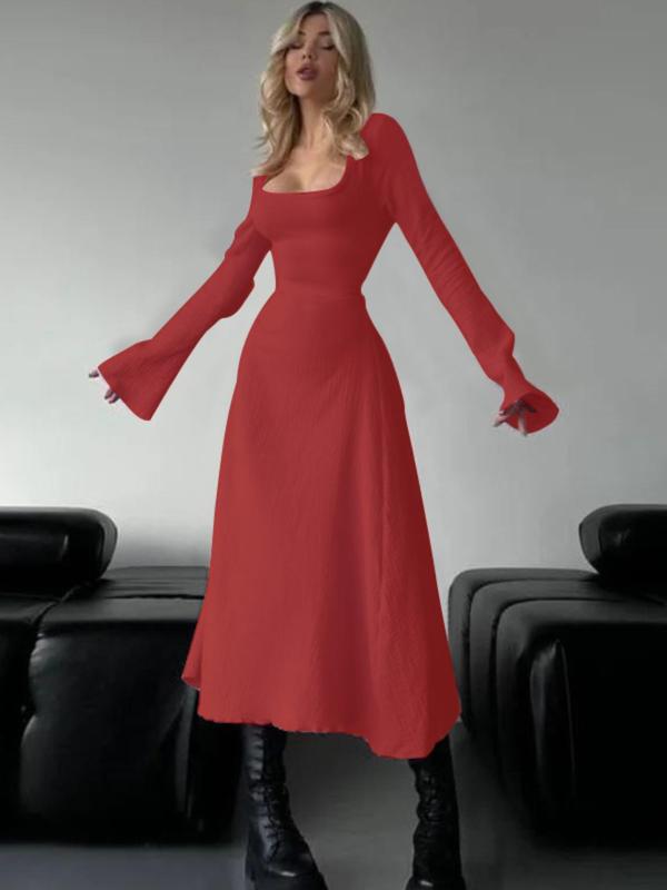 ERIN™ - Sophisticated Lace-Up Tie Back Flounce Sleeve A-Line Long Dress