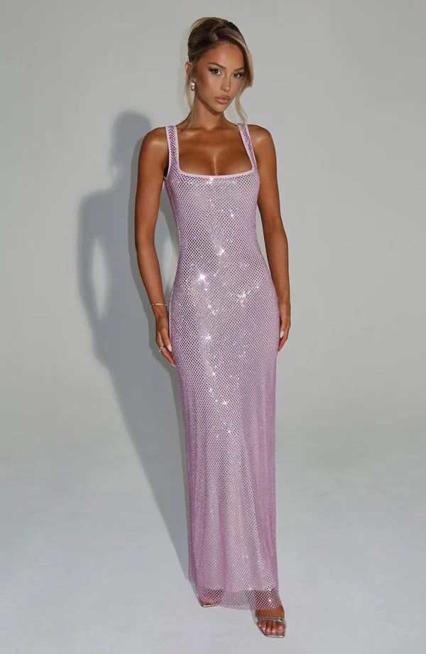 PETRA™ - Elegant Rhinestone Square Neck Maxi Dress
