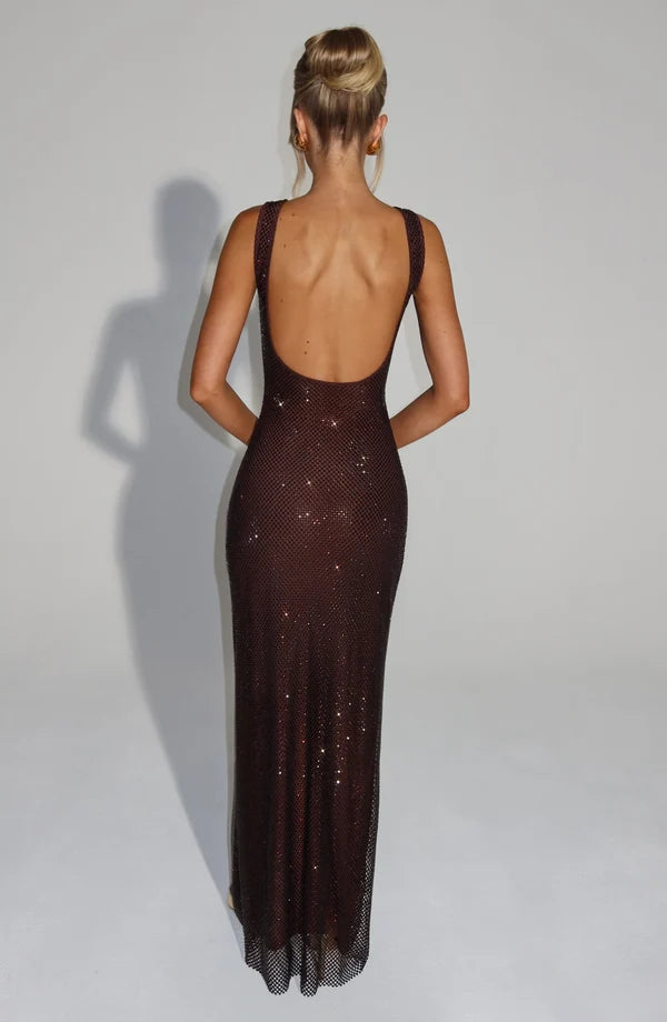 PETRA™ - Elegant Rhinestone Square Neck Maxi Dress