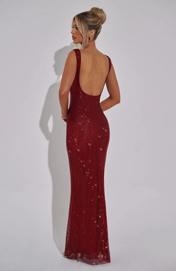 PETRA™ - Elegant Rhinestone Square Neck Maxi Dress